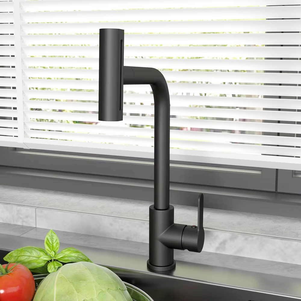 Commercial Kitchen Faucet - Schwarzer ausziehbarer Küchenspüle-Wasserhahn, flexibel, 4 Modi,