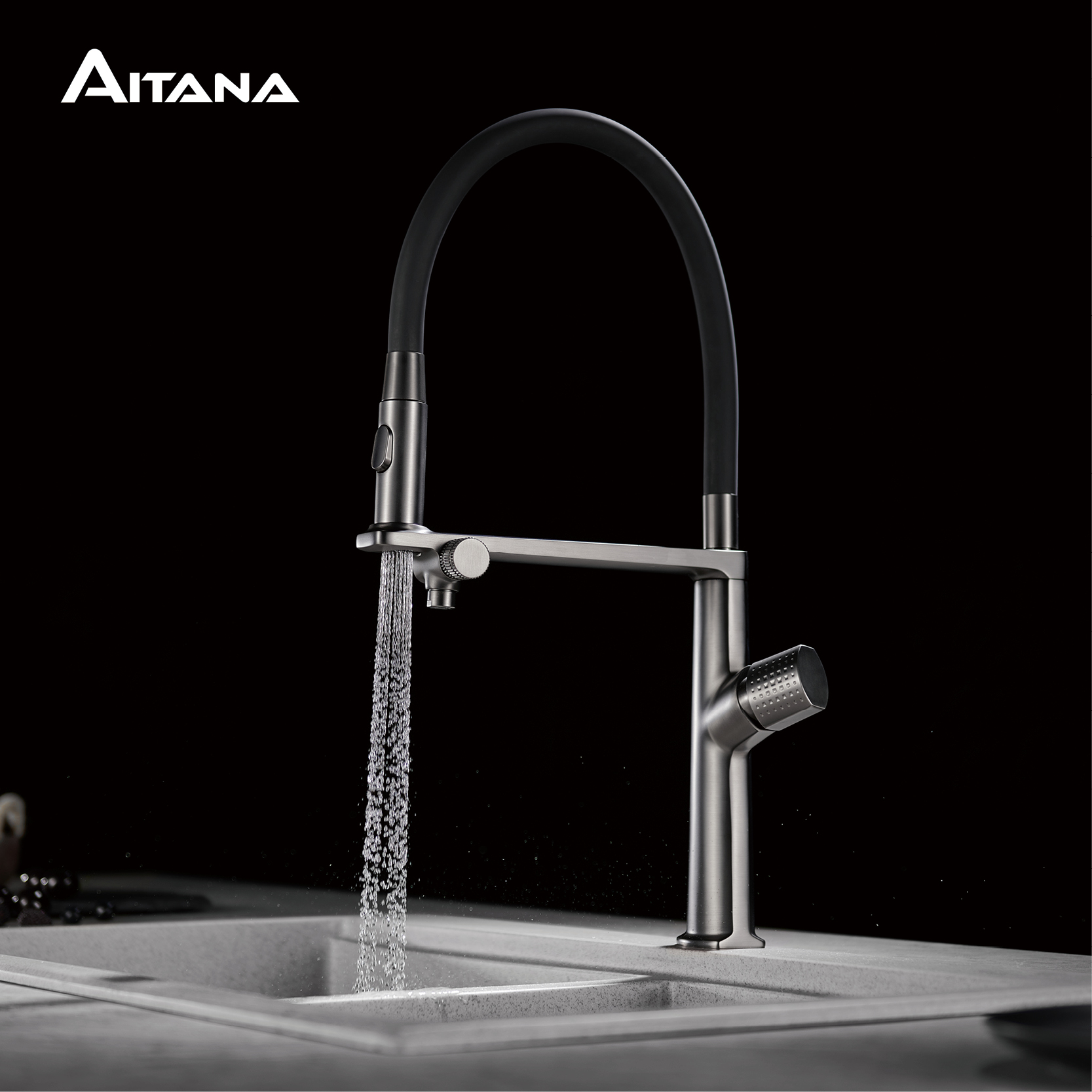 Commercial Kitchen Faucet - Luxuriöser Messing-Küchenhahn in Gunmetal-Grau, 1-Loch-Armatur mit