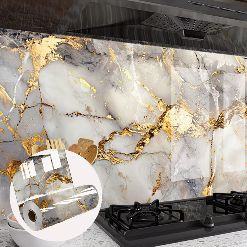 Commercial Kitchen Wall - Küchenschrank-Aufkleber und ölbeständiger Aufkleber mit Goldmarmormuster,